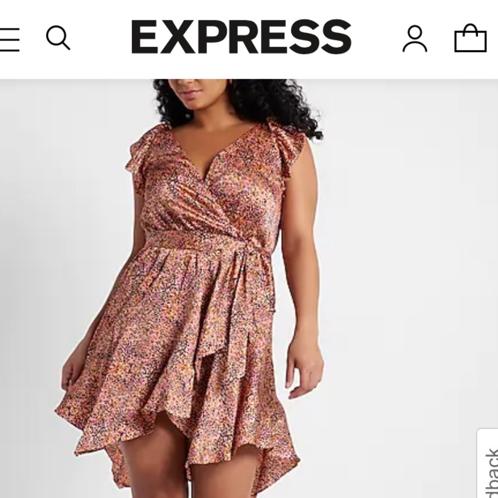 Express satin tie waist ruffle dress! Pink/purple/mauve accents.